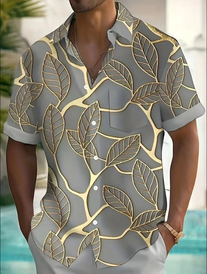 Fashion Printed Men's Short Sleeve Shirt with Lapel Design