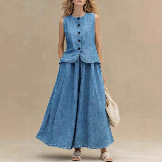 Womens Denim Top and Skirt Set: Crew-Neck Denim Top with High-Waist A-Line Skirt