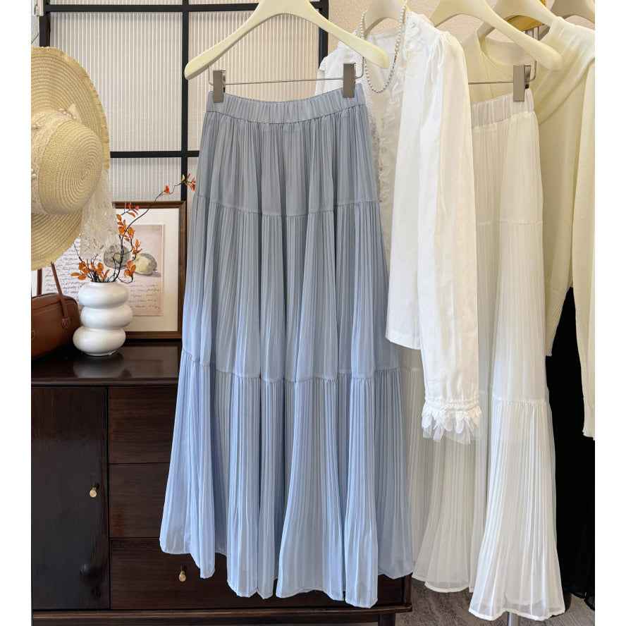 Womens Retro High-Waist Skirt - Elegant Solid-Colored Pleated French-Style Design