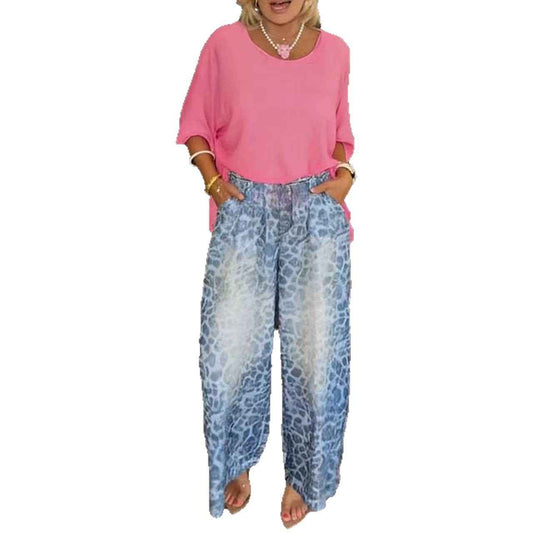 Womens Two-Piece Set: Fashionable Loose Top and Wide-Leg Pants