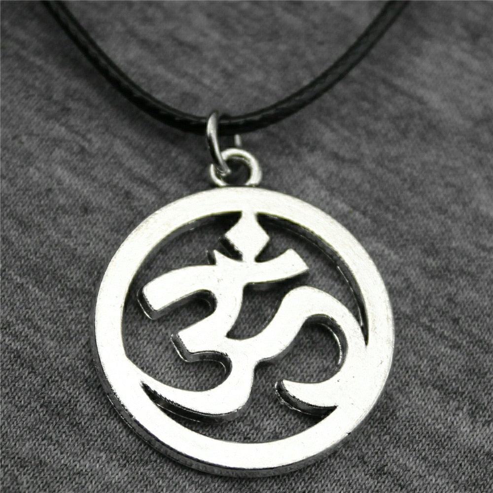Antique OM Pendant Leather Chain Necklace - Neon North Clothing