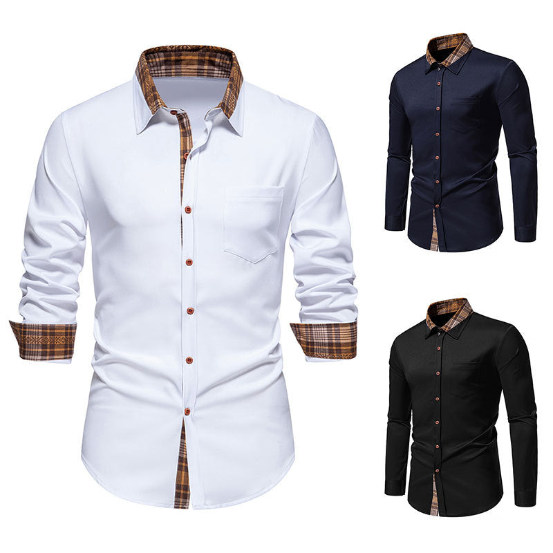 Plaid Contrast Collar Men's Shirt - Slim Fit Long Sleeve