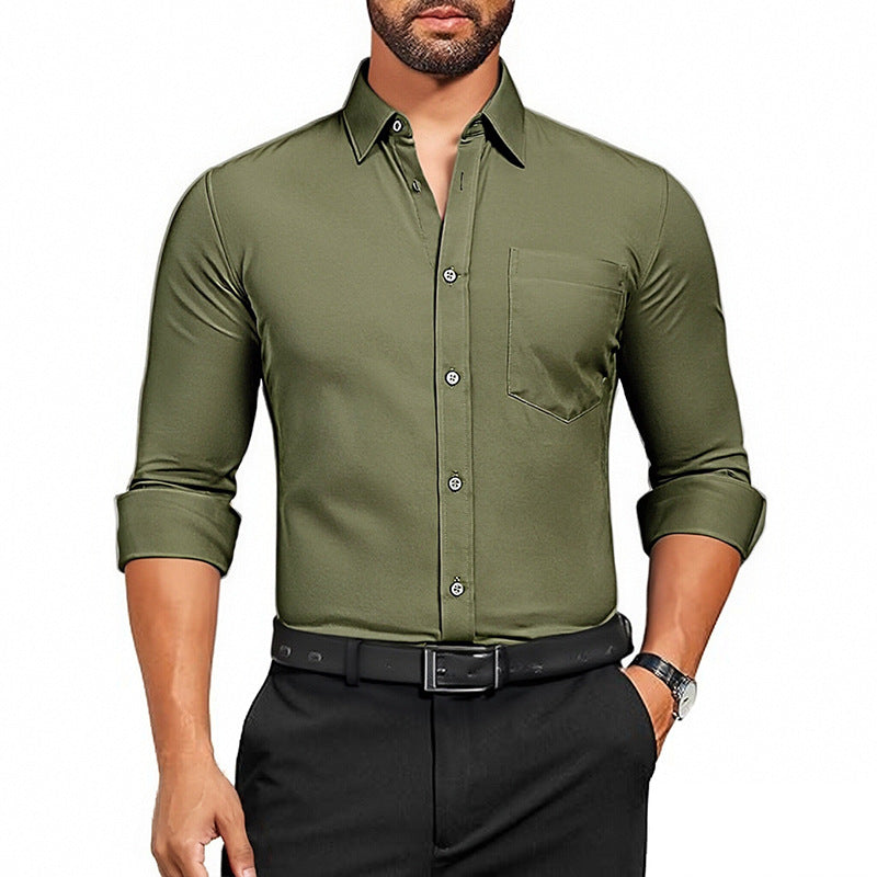 Men's Wrinkle-Resistant Dress Shirt - Breathable Stretch Solid Color Long Sleeve Regular Fit