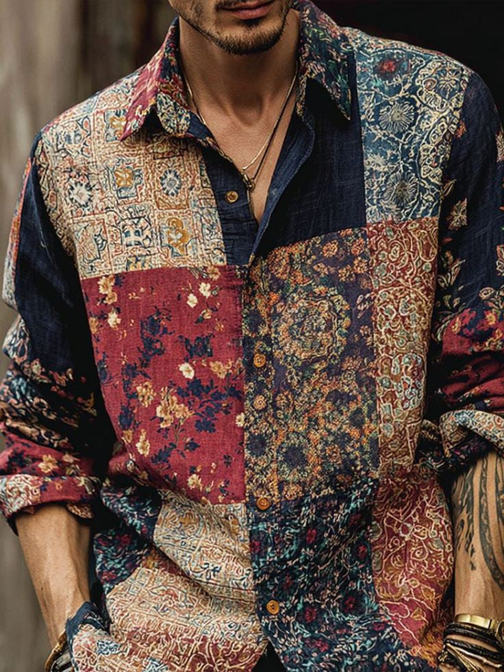 Retro Floral Long-Sleeve Shirt for Men – Casual American-Style Loose-Fitting Print