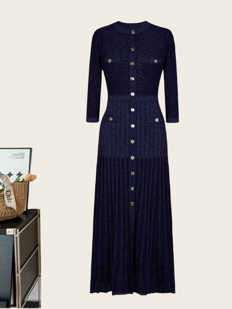 Elegant Long Sleeve Round Neck Dress with Waistline - Neon North Clothing