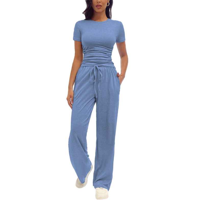 Women's Casual Pleated Set - Fashionable Short-Sleeve Ensemble for Everyday Wear