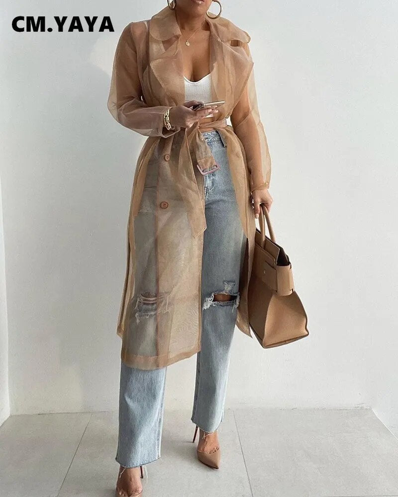 See Through Sunscreen Trench Top Long Sleeve Double Breasted with Belt for Summer - Neon North Clothing