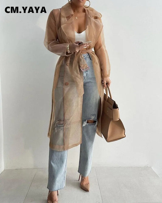 See Through Sunscreen Trench Top Long Sleeve Double Breasted with Belt for Summer - Neon North Clothing