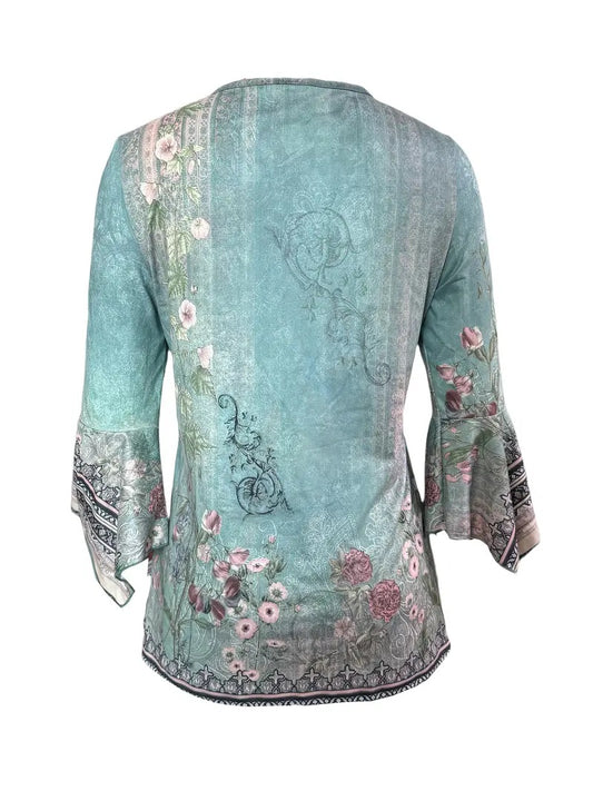 Printed Studded Irregular Three-quarter Sleeve Top - Elevate Your Style with a Trendy Printed Studded Top