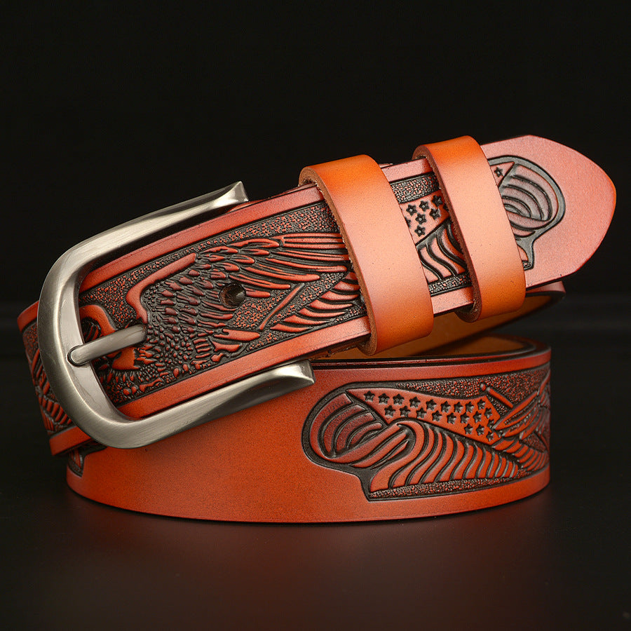 Men's Carved Cowhide Belt - Premium Cut Design for Style and Durability - Neon North Clothing