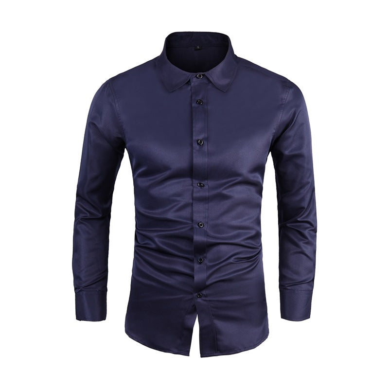Long-sleeve Plus-size Business Shirt with Lapel Collar - Slim Fit Solid Color