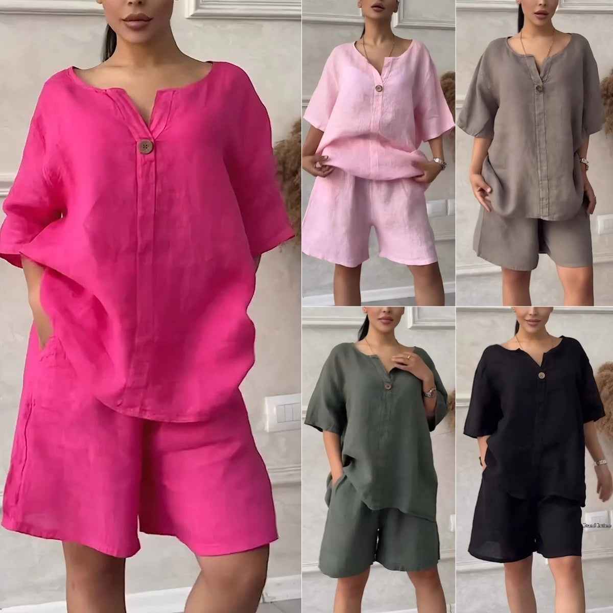 Cotton-linen Shirt Set with Shorts for Women - High-waisted Loose Style
