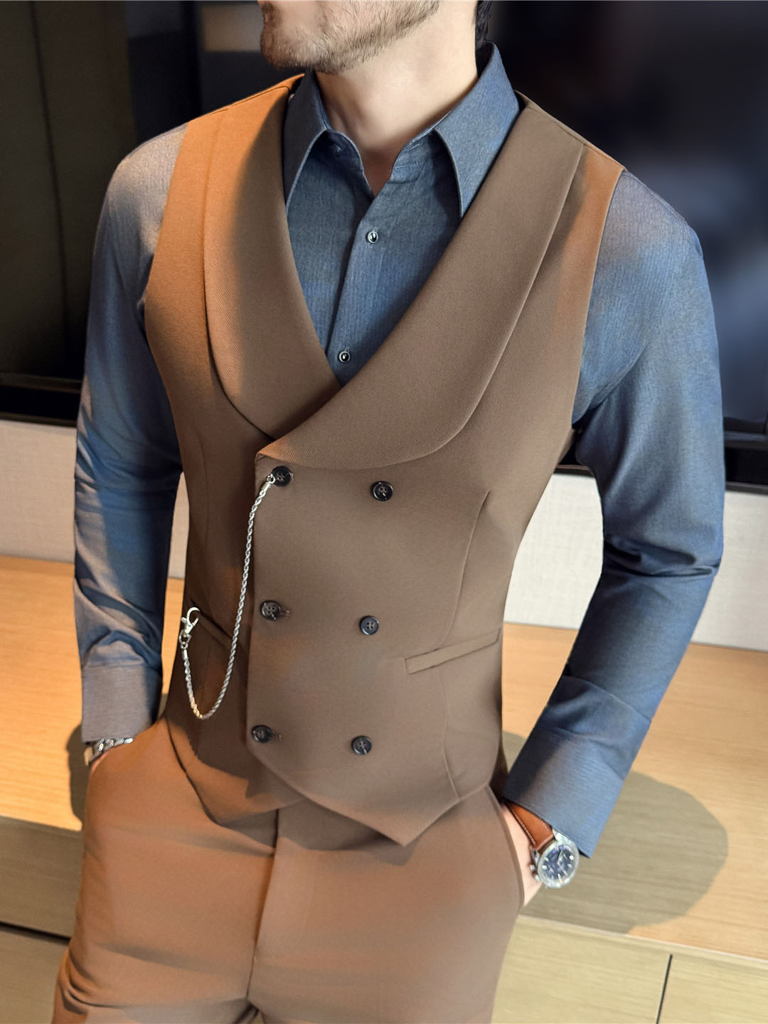 Men's Double-Breasted Shawl Collar Vest in Yarn-Dyed Fabric