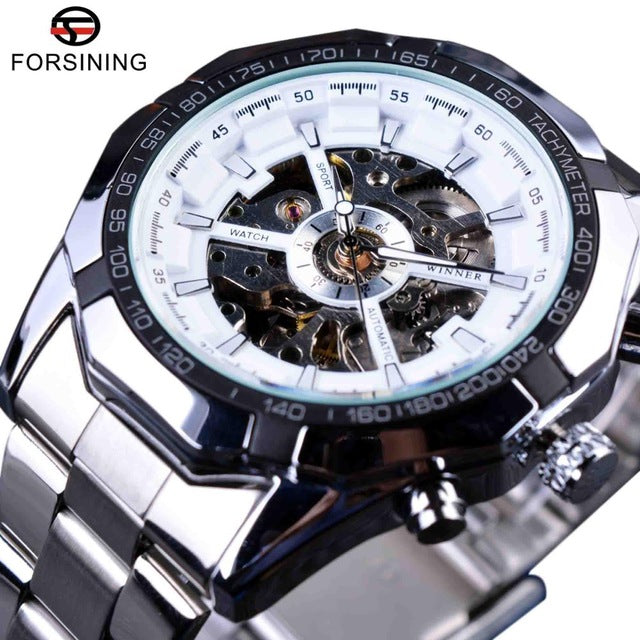FORSINING Men's Skeleton Watch - Luxury Waterproof Silver Stainless Steel Design - Neon North Clothing