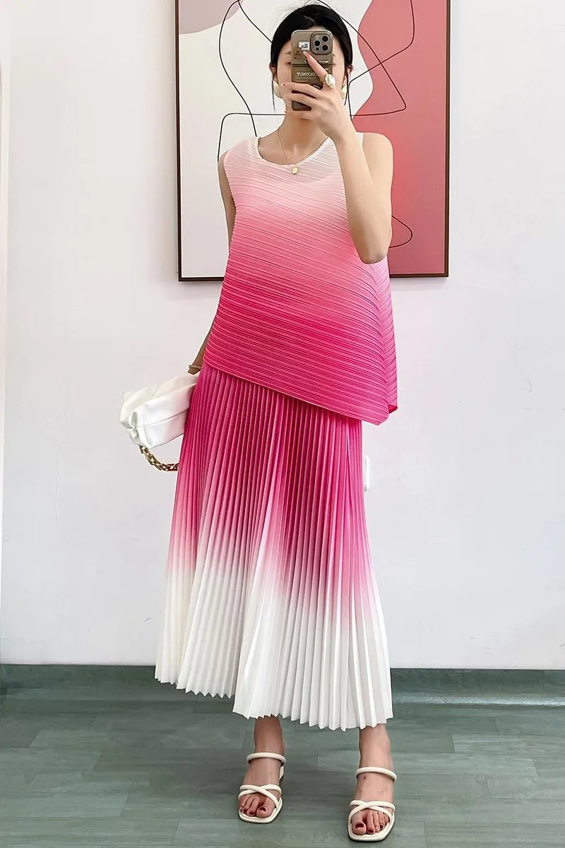 2 Pieces Gradient Pullover and Pleated Skirt Outfit - Chic & Stretchy Fashion Set - Neon North Clothing