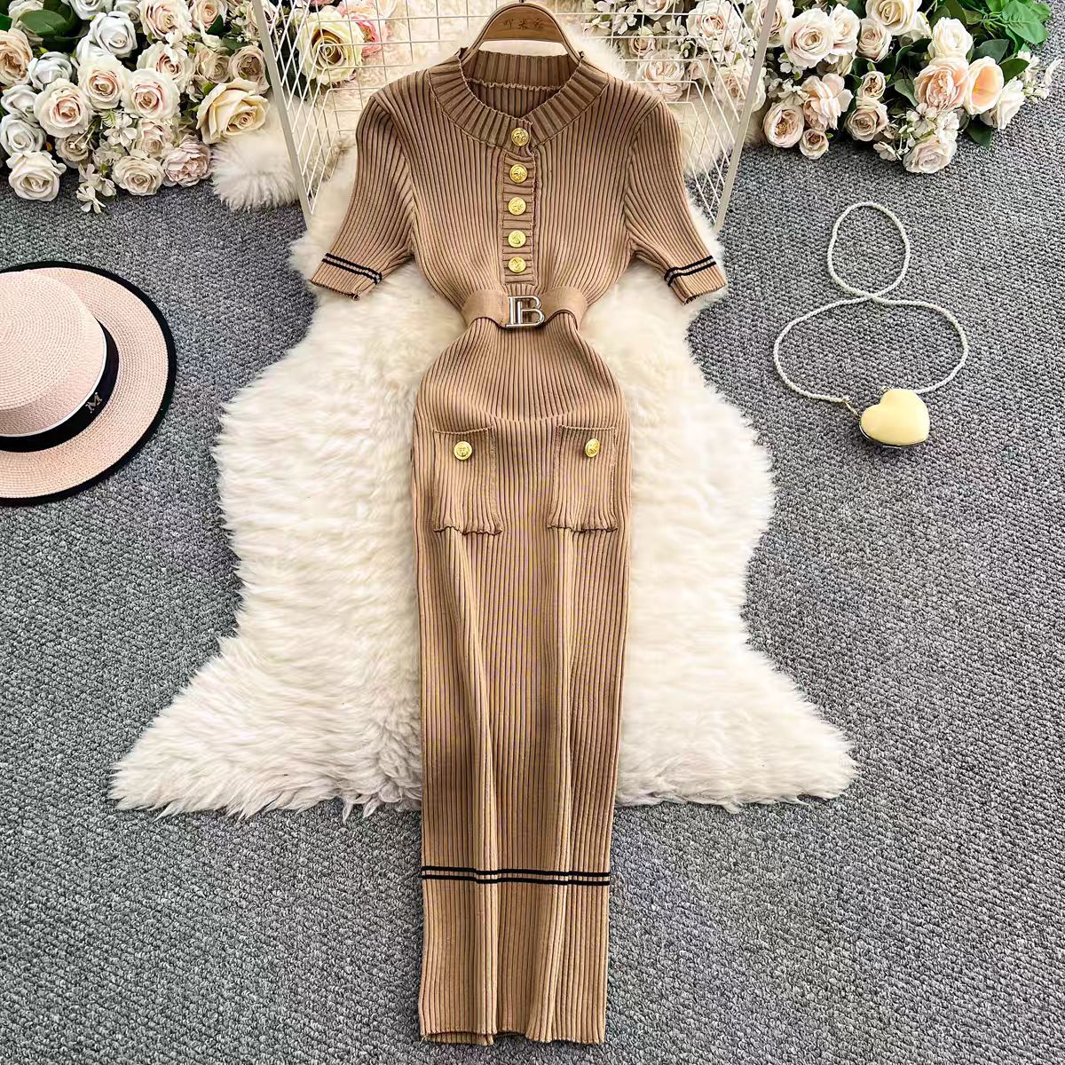 Chic Dress with Round Neck, Belted Waist and Fitted Bodycon - Neon North Clothing