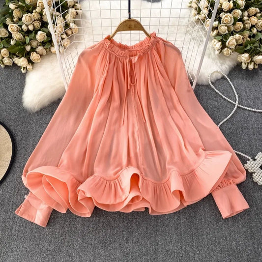 O-neck Long Sleeve Chiffon Ruffles Blouse - Neon North Clothing