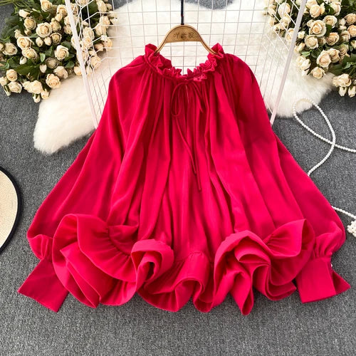 O-neck Long Sleeve Chiffon Ruffles Blouse - Neon North Clothing