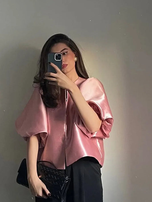 Solid Satin With Pouf Balloon Sleeve Blouse - Neon North Clothing