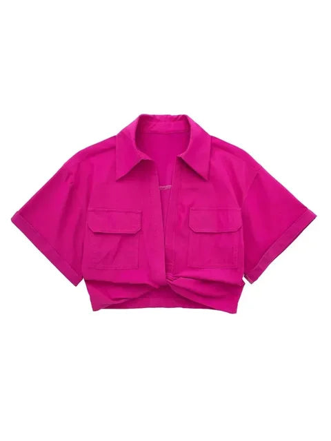 Chic Vintage Cropped Blouse with Front Knot, Elastic Linen, Short Sleeve, and Patch Pockets - Neon North Clothing