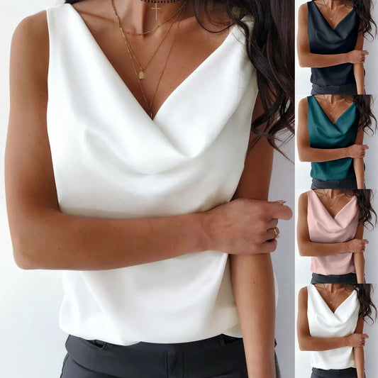Women Silk Satin Tank Cowl Neck  Blouse - Neon North Clothing