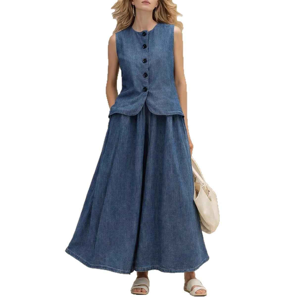 Womens Denim Top and Skirt Set: Crew-Neck Denim Top with High-Waist A-Line Skirt