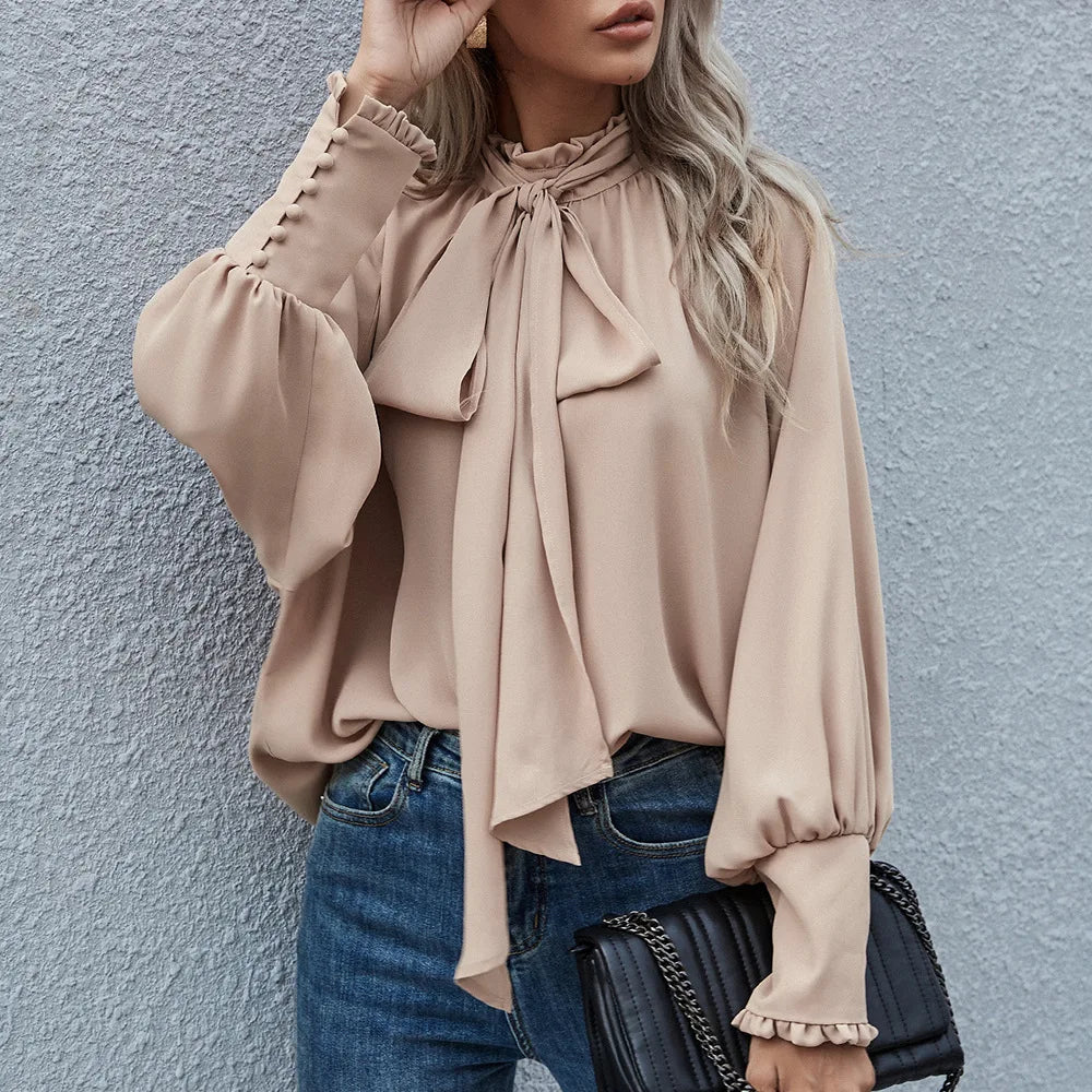High Collar Bow Tie Long Sleeve Casual Loose Versatile Round Neck Top - Neon North Clothing