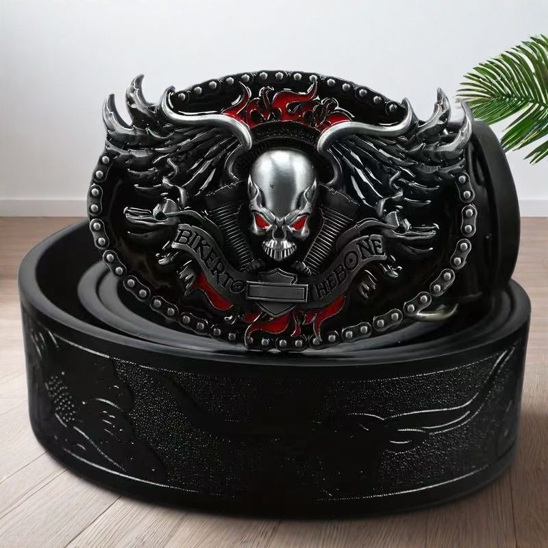 Mens Leather Belt with Alloy Buckle - Vintage Embossed Design - Neon North Clothing