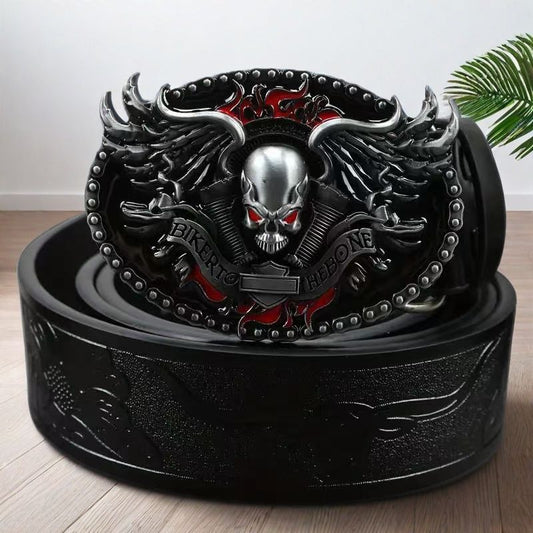 Mens Leather Belt with Alloy Buckle - Vintage Embossed Design - Neon North Clothing
