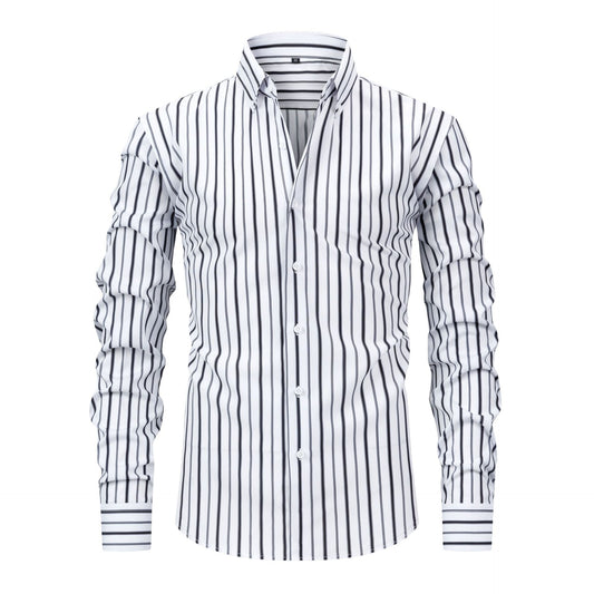 Men's Striped Lapel Shirt with Digital Print - Long-Sleeved Style