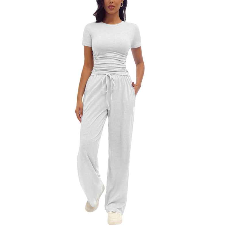 Women's Casual Pleated Set - Fashionable Short-Sleeve Ensemble for Everyday Wear