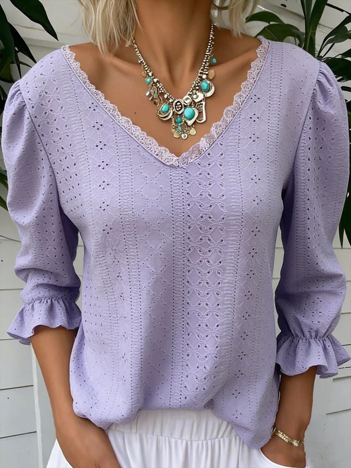 Women's V Neck Hollowed Out Top for Mid Sleeve Stylish Comfort