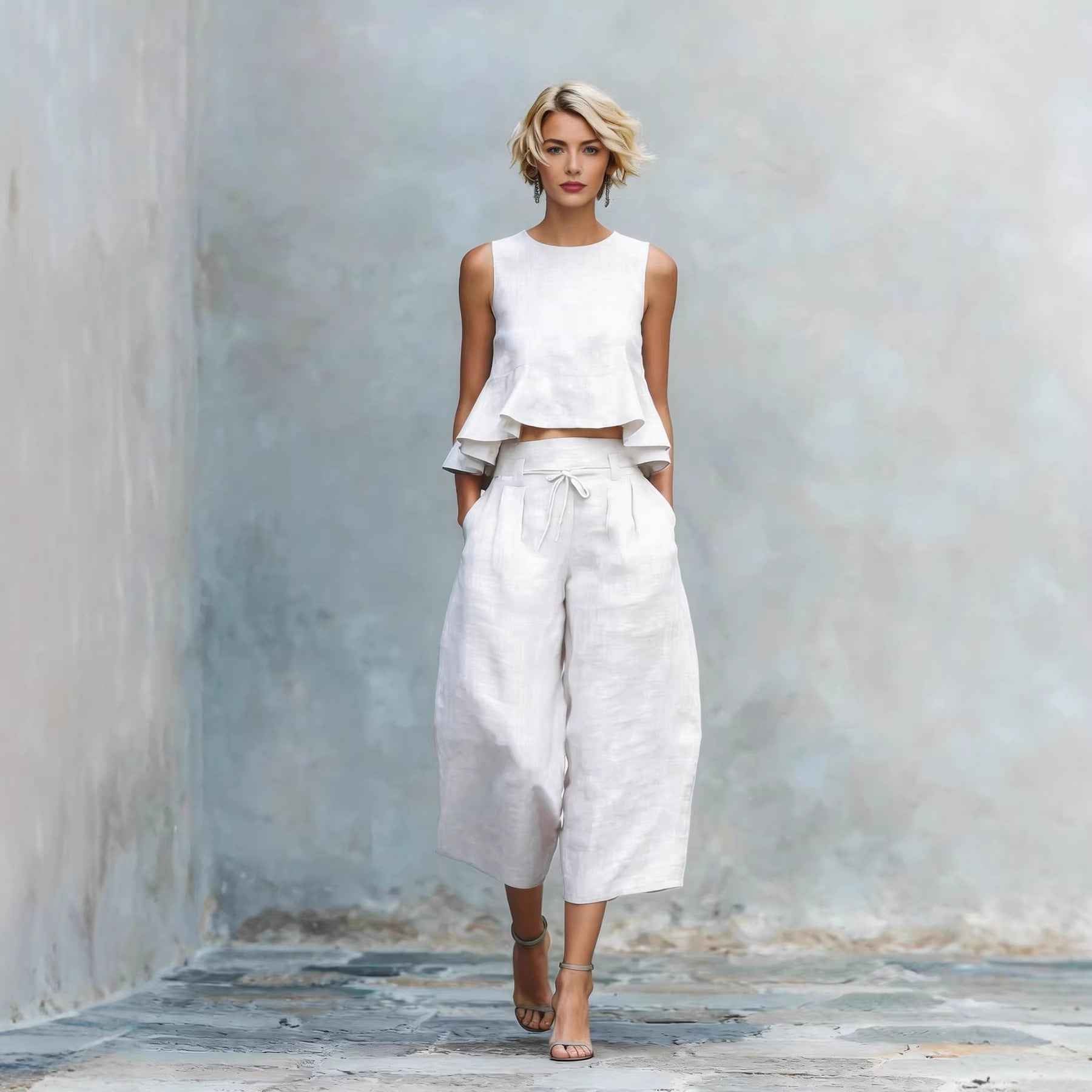 Womens Linen-Blend Two-Piece Set with Ruffled Detailing for Effortless Style