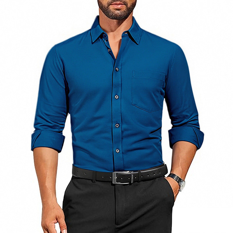 Men's Wrinkle-Resistant Dress Shirt - Breathable Stretch Solid Color Long Sleeve Regular Fit