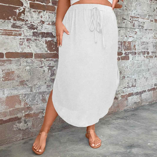 Plus-size Tie-front Split Skirt in Solid Color for Women