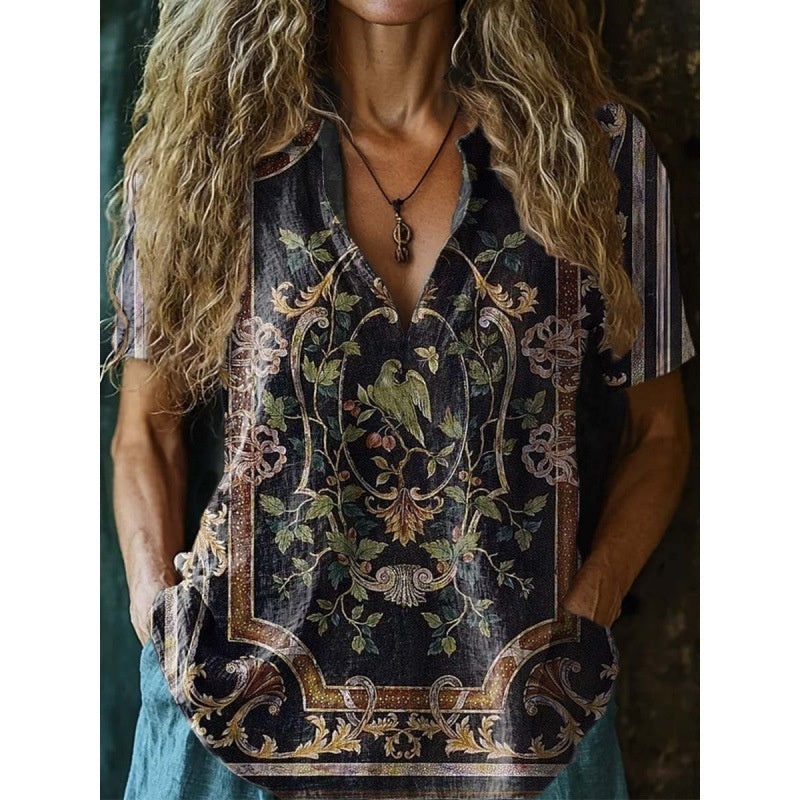 3D Printed Women's V-neck Top - Loose Short Sleeve Design