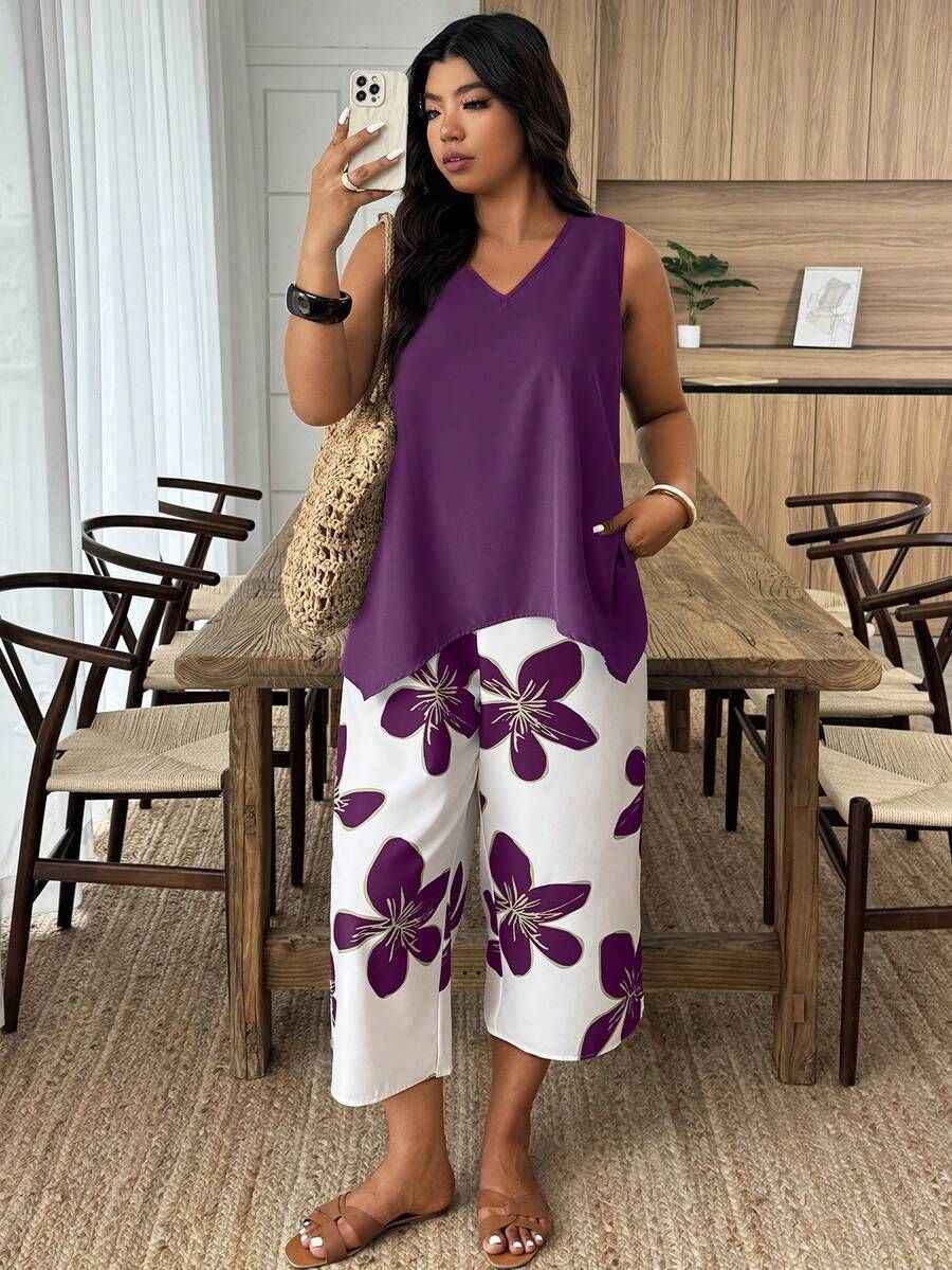 Women's Printed Cropped Pants Set for Casual Elegance