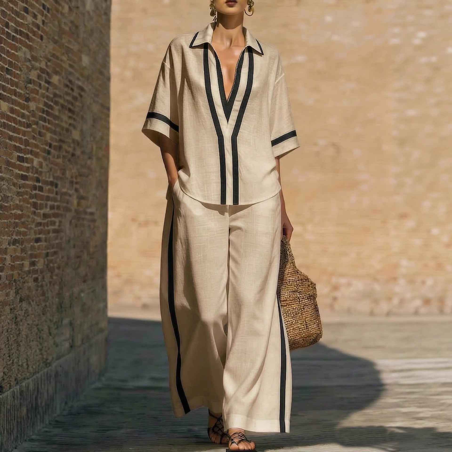 Fashionable Color-Block Two-Piece Set: Casual Short-Sleeve Shirt and Wide-Leg Pants