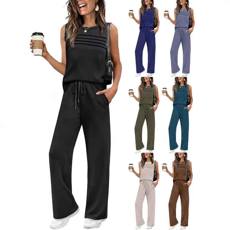 Womens Pleated Vest Top Set - Stylish Two-Piece Outfit for Effortless Chic