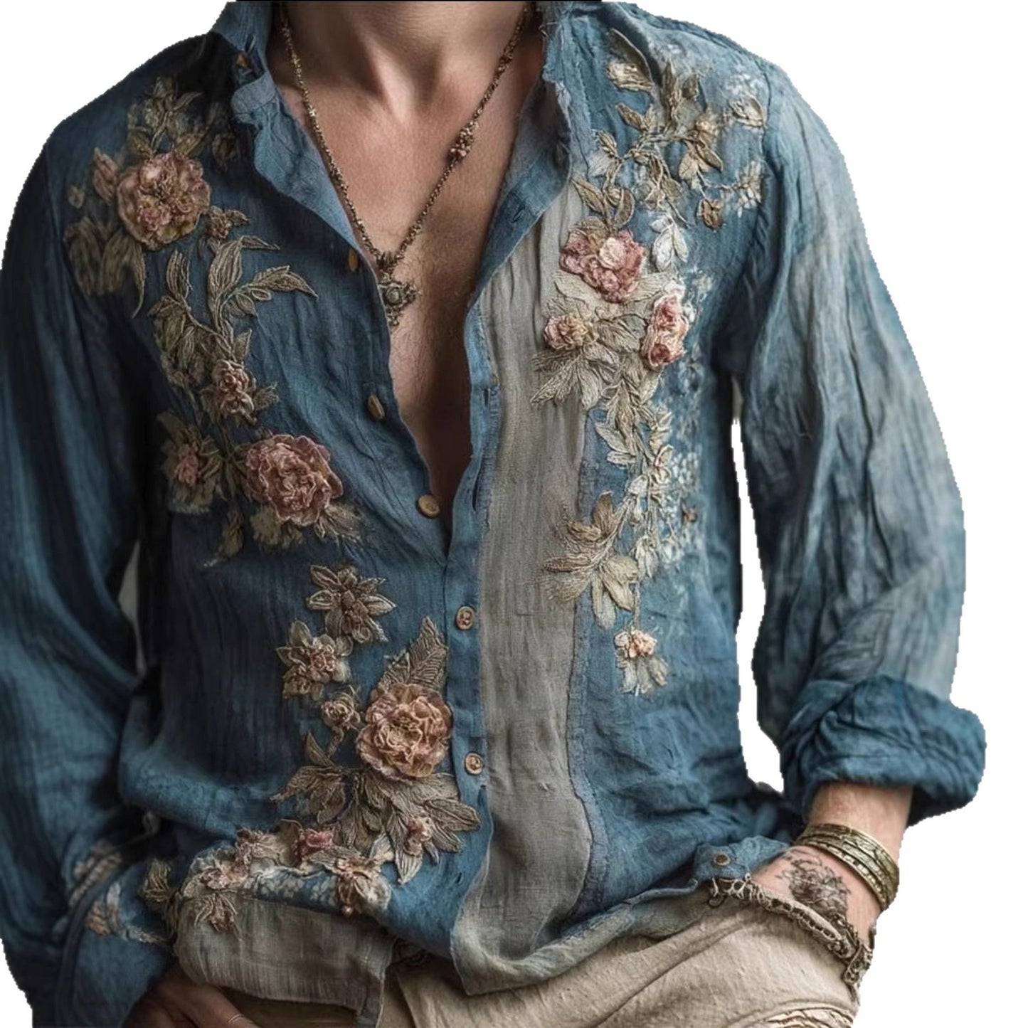 Retro Floral Long-Sleeve Shirt for Men – Casual American-Style Loose-Fitting Print