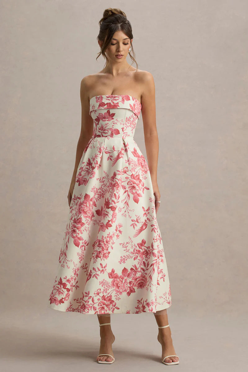 Elegant Floral Off-Shoulder Dress with Waist-Cinched Design - Neon North Clothing