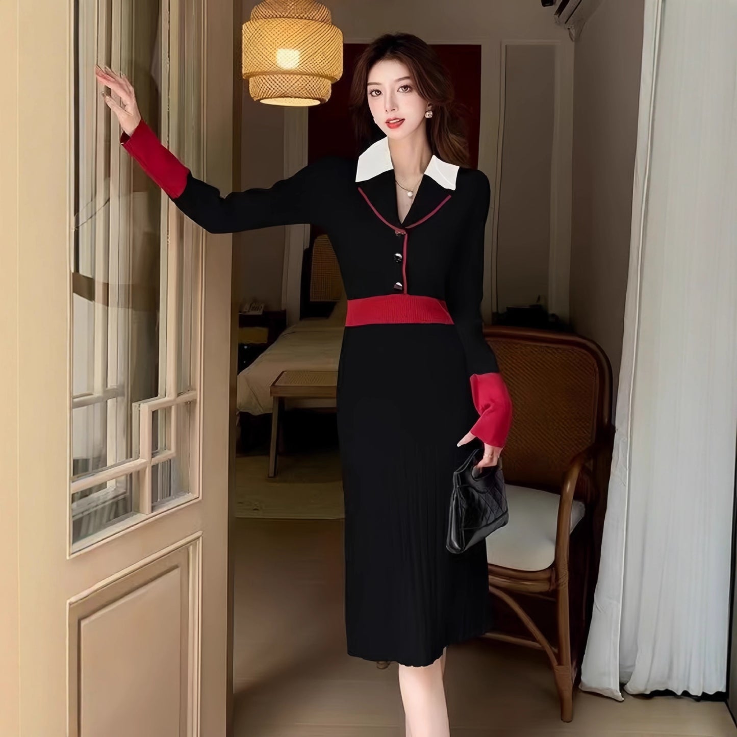 French Vintage Turn-Down Collar Knit Dress for Women - Neon North Clothing