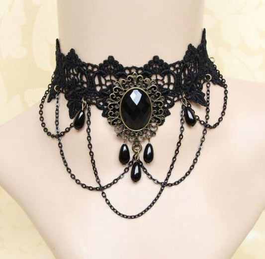Retro Court Gothic  Multi-Layer Crystal Lace Necklace Choker Clavicle Chain - Neon North Clothing