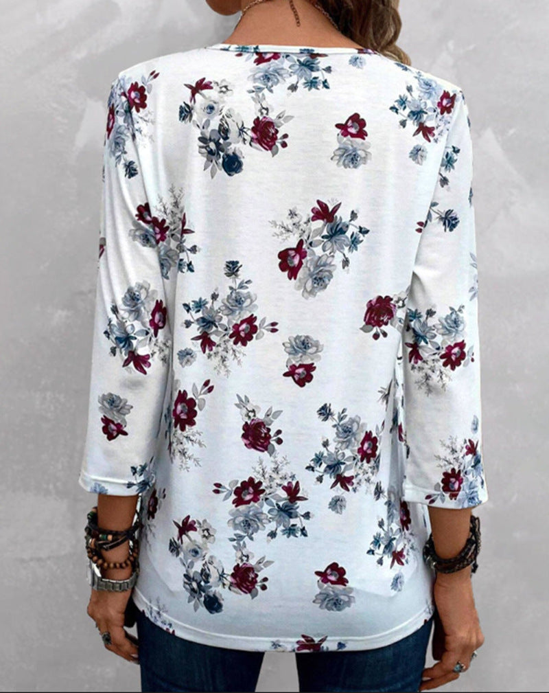Casual Loose Wear Floral V-neck Printed Top
