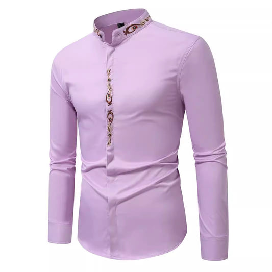 Mens Embroidered Casual Long-Sleeve Shirt - Slim Fit Fashion Collar