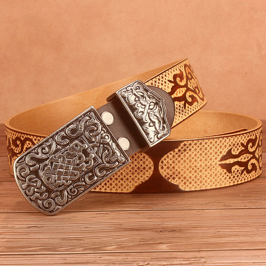 Ethnic Style Cowhide Waistband with Auspicious Pattern Embossed in Head Layer Leather