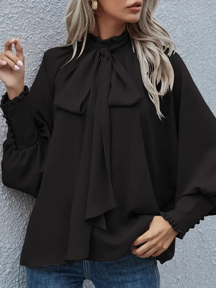 High Collar Bow Tie Long Sleeve Casual Loose Versatile Round Neck Top - Neon North Clothing