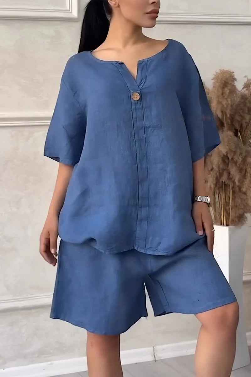 Cotton-linen Shirt Set with Shorts for Women - High-waisted Loose Style