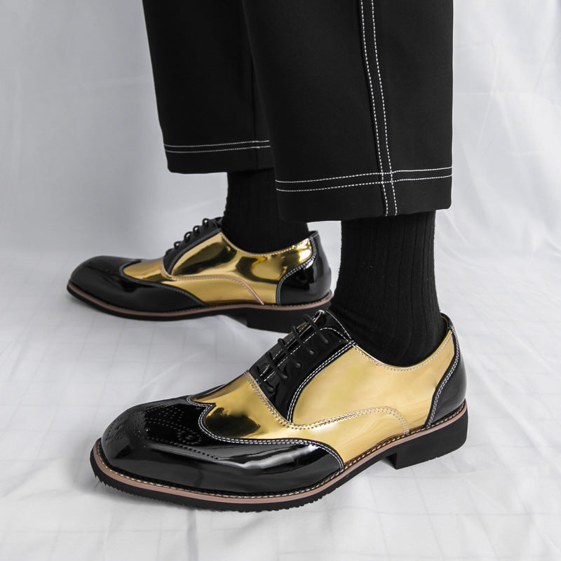Brogue Color Matching Trendy Men's Leather Shoes Gold - Black