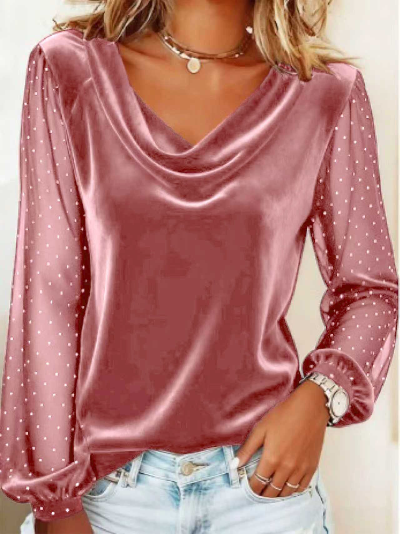 Women's Velvet Blouse Long Sleeve Diamond Mesh V-neck Design